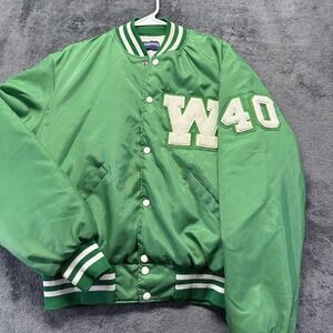 Vintage Holloway Green Satin Bomber Varsity Jacket Mens Size Large "W" Logo #40
